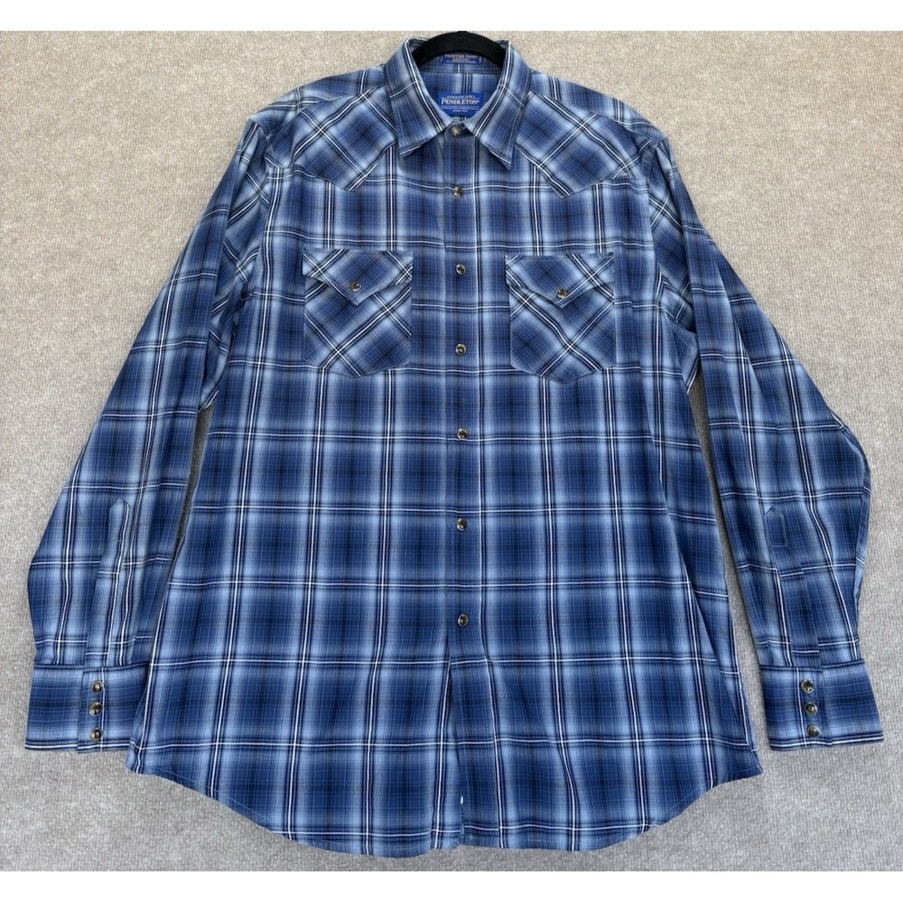 Pendleton Frontier Men's Large Shirt Blue Plaid Western Pearl Snap Long Sleeve
